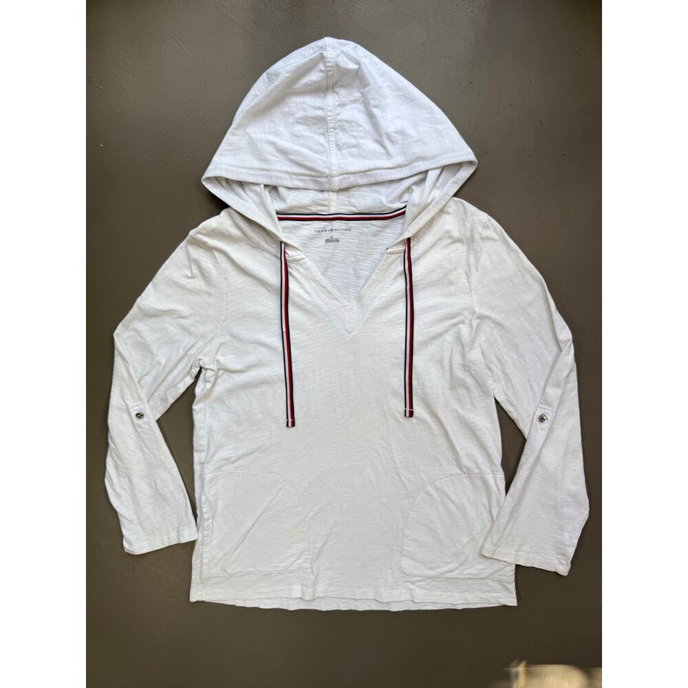 Tommy Hilfiger White Hooded V Neck Long Sleeve Top Medium Coastal Preppy